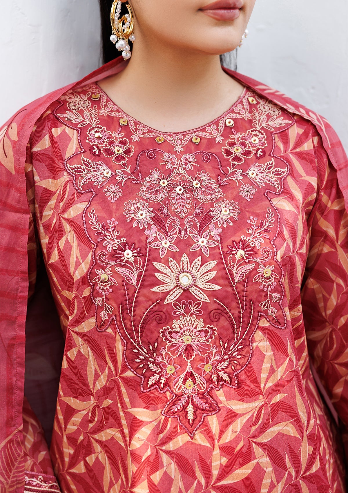 Ladies Red Embroidered Lawn Shalwar Kameez Online in UK USA Canada