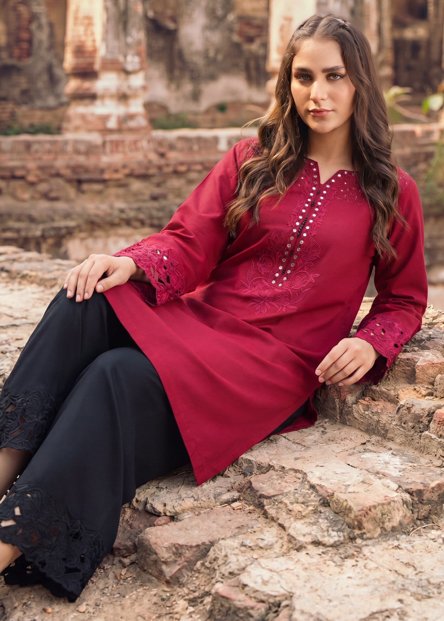 Ladies Red Embroidered Lawn Suit Online in UK USA Canada