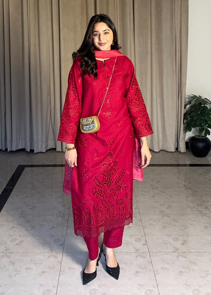 Ladies Red Embroidered Linen Kurta Set Online in UK USA Canada