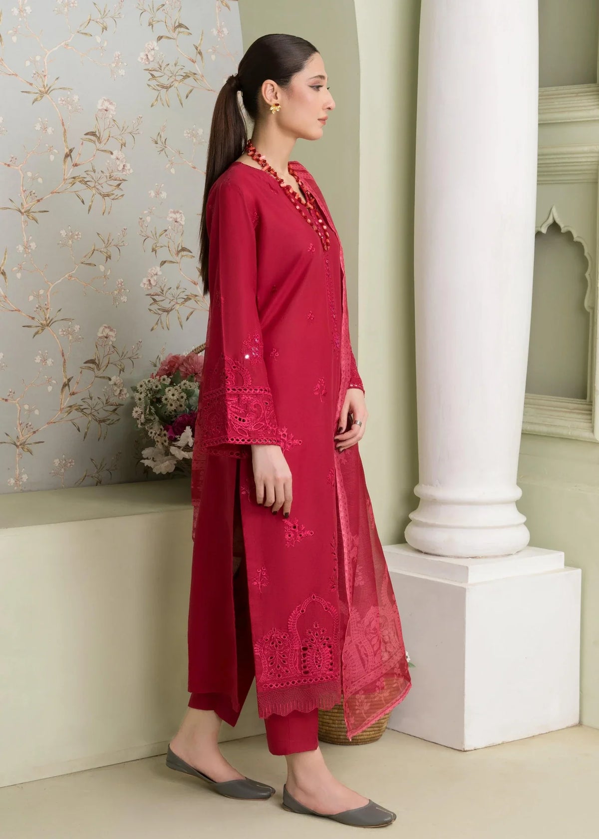 Ladies Red Embroidered Linen Shalwar Kameez Online in UK USA Canada