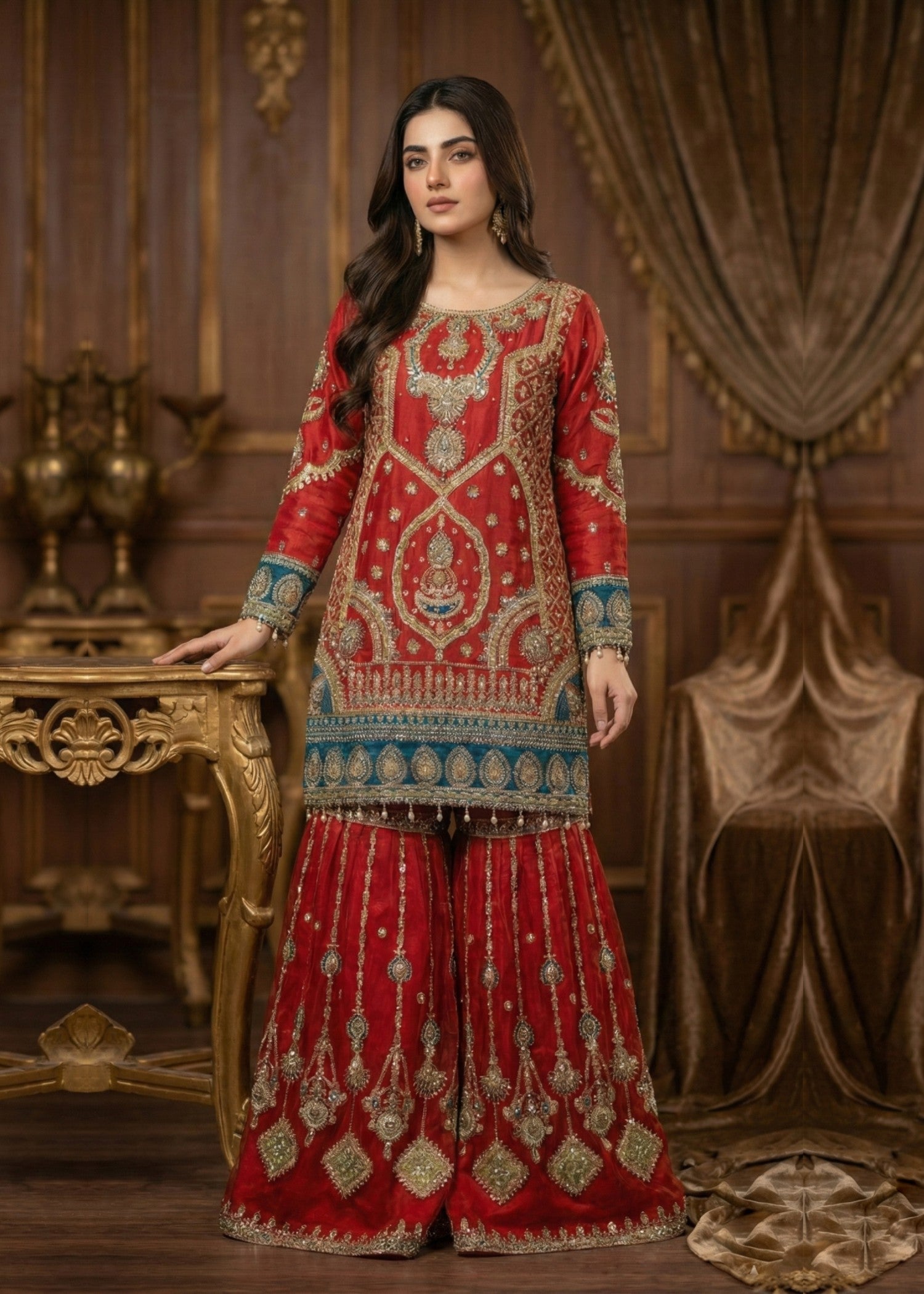 Ladies Red Embroidered Net Dupatta Suit Online in UK USA Canada