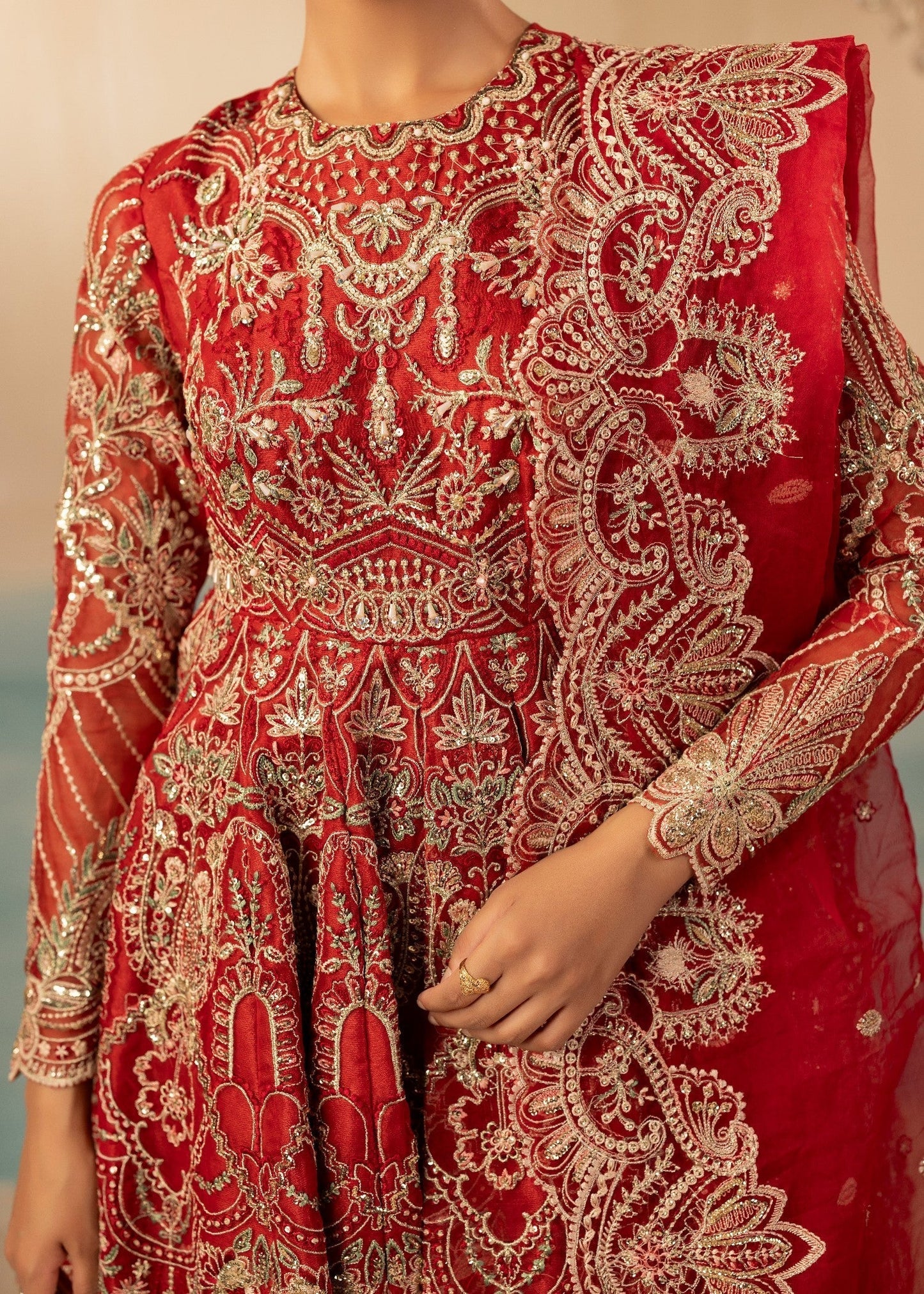Ladies Red Embroidered Organza Farshi Salwar Kameez Online in UK USA Canada