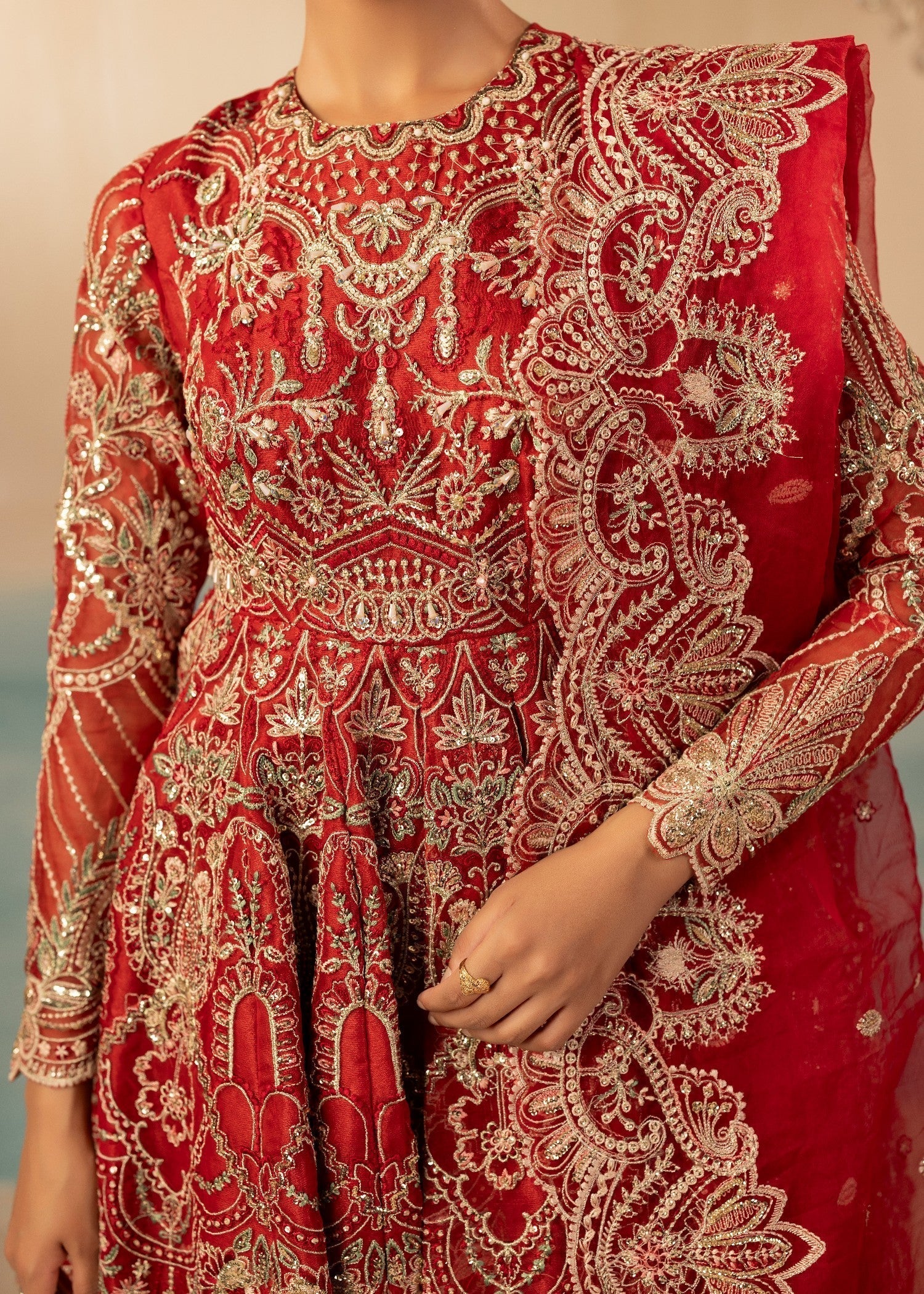 Ladies Red Embroidered Organza Farshi Salwar Kameez Online in UK USA Canada