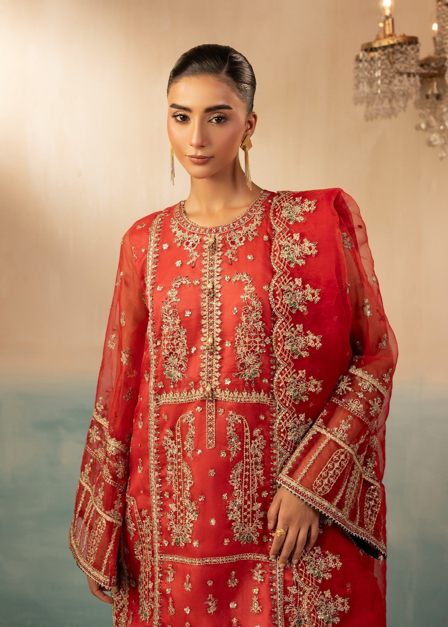 Ladies Red Embroidered Organza Farshi Shalwar Online in UK USA Canada