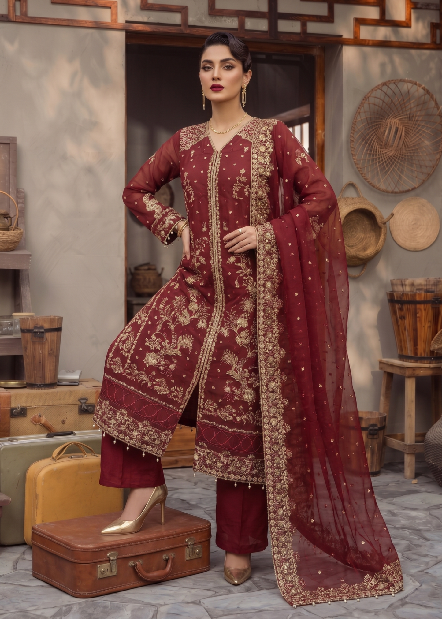 Ladies Red Embroidered Organza Shalwar Kameez Online in UK USA Canada