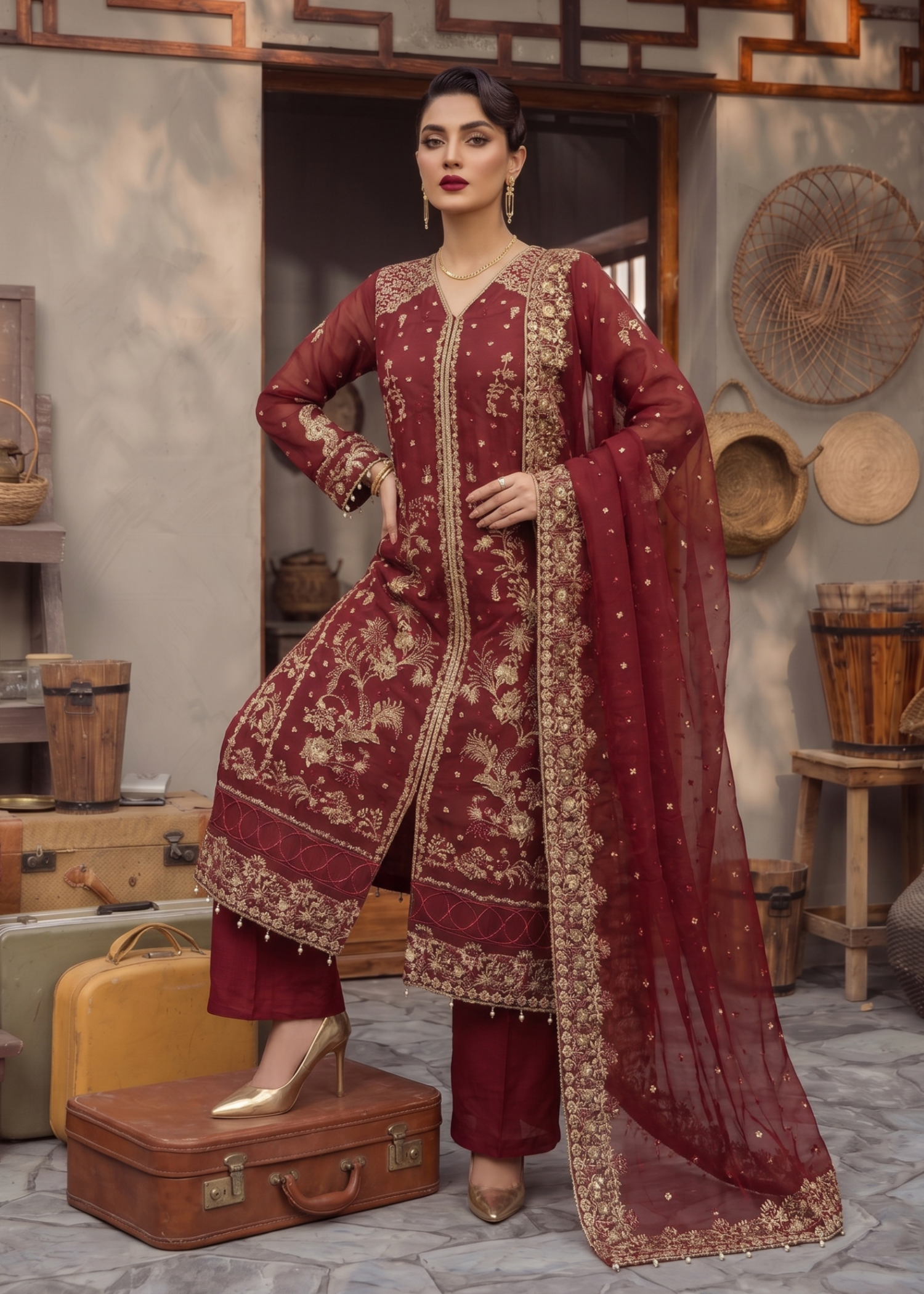 Ladies Red Embroidered Organza Shalwar Kameez Online in UK USA Canada