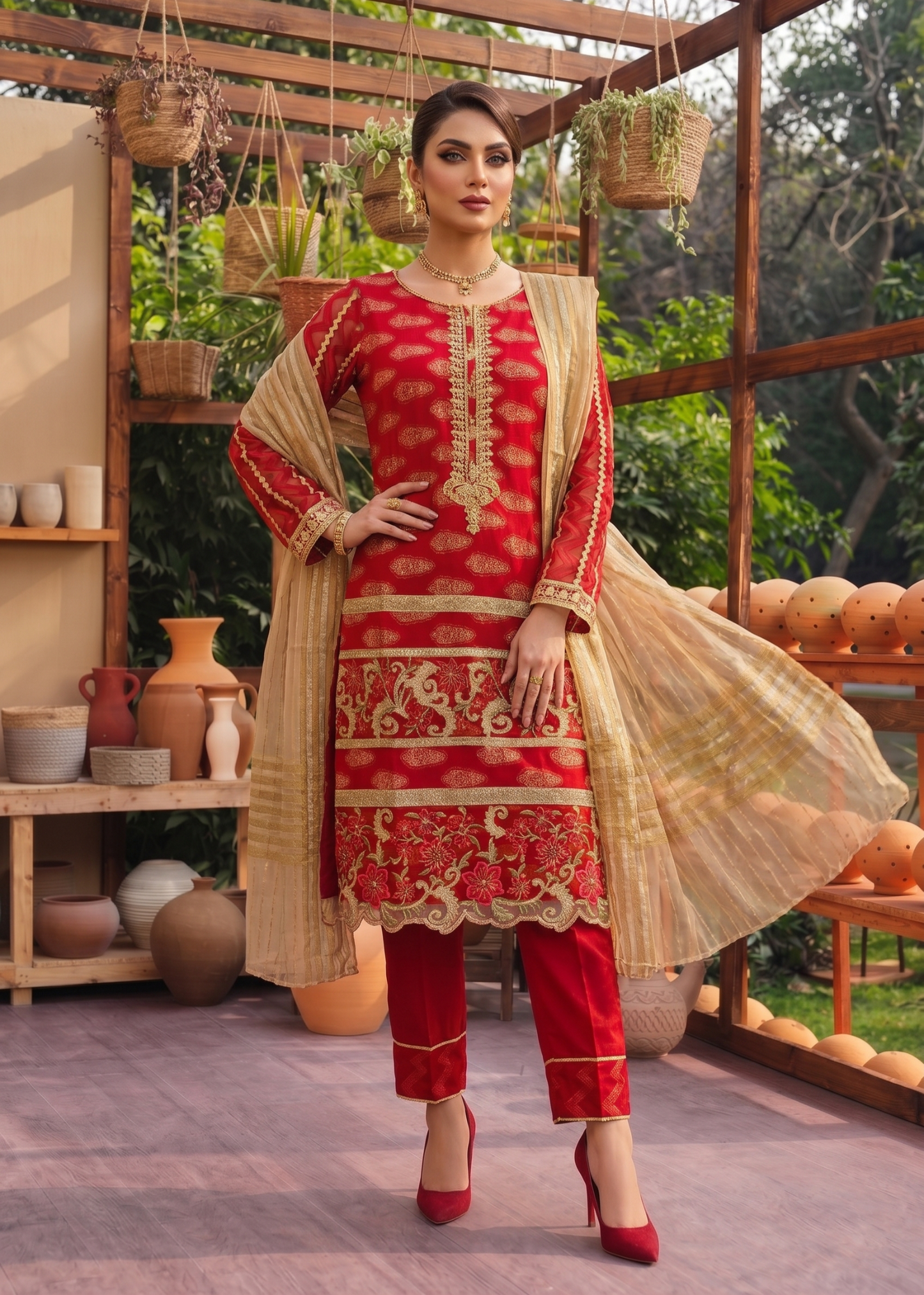 Ladies Red Embroidered Partywear Suit Online in UK USA Canada