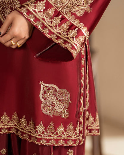 Ladies Red Embroidered Shamoz Silk Designer Salwar Kameez Online in KSA Riyadh Saudi Arabia Oman Bahrain Qatar
