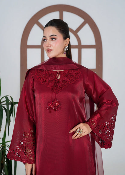 Ladies Red Embroidered Silk Party Wear Suit Online in UK USA Canada