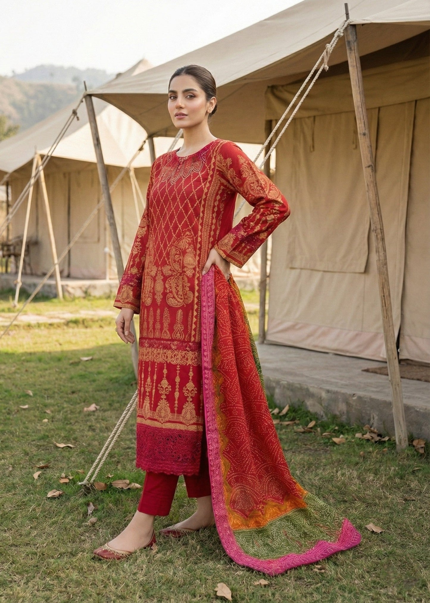 Ladies Red Embroidered Straight Kurta Suit Online in UK USA Canada