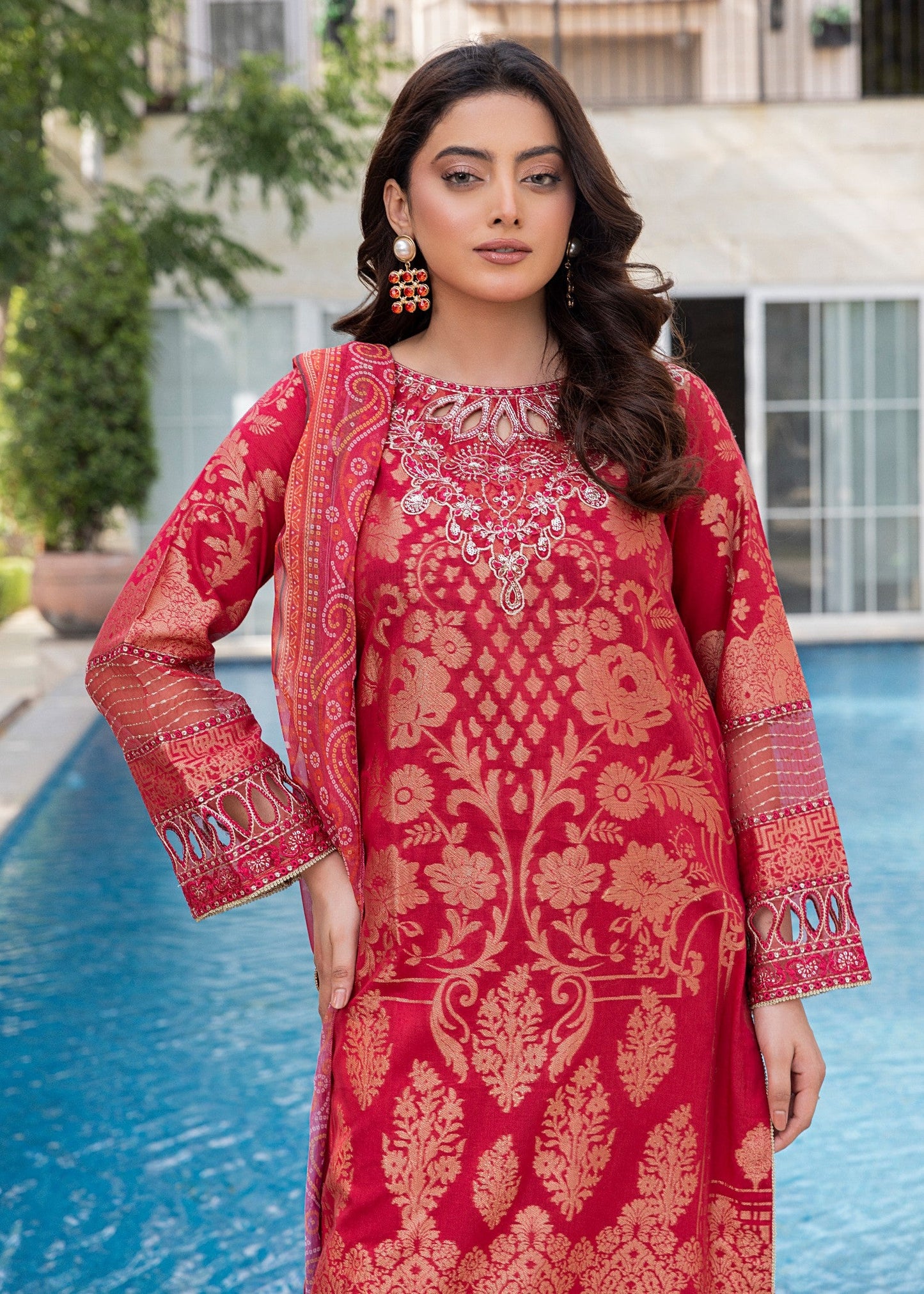 Ladies Red Embroidered Straight Kurta with Chiffon Dupatta Online in UK USA Canada