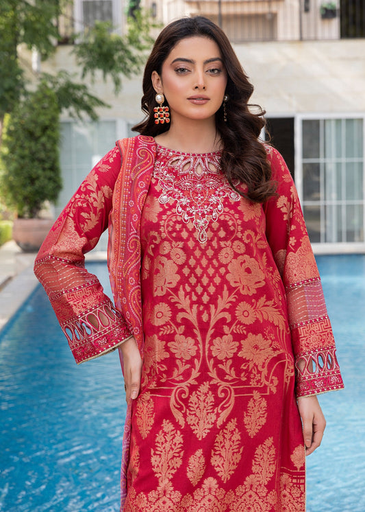 Ladies Red Embroidered Straight Kurta with Chiffon Dupatta Online in UK USA Canada