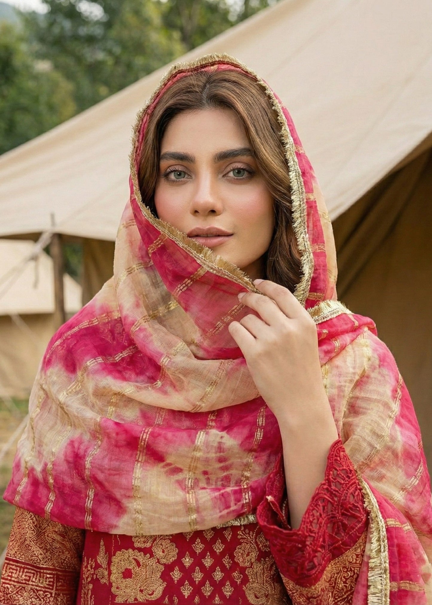 Ladies Red Jacquard Festive Salwar Kameez Online in UK USA Canada