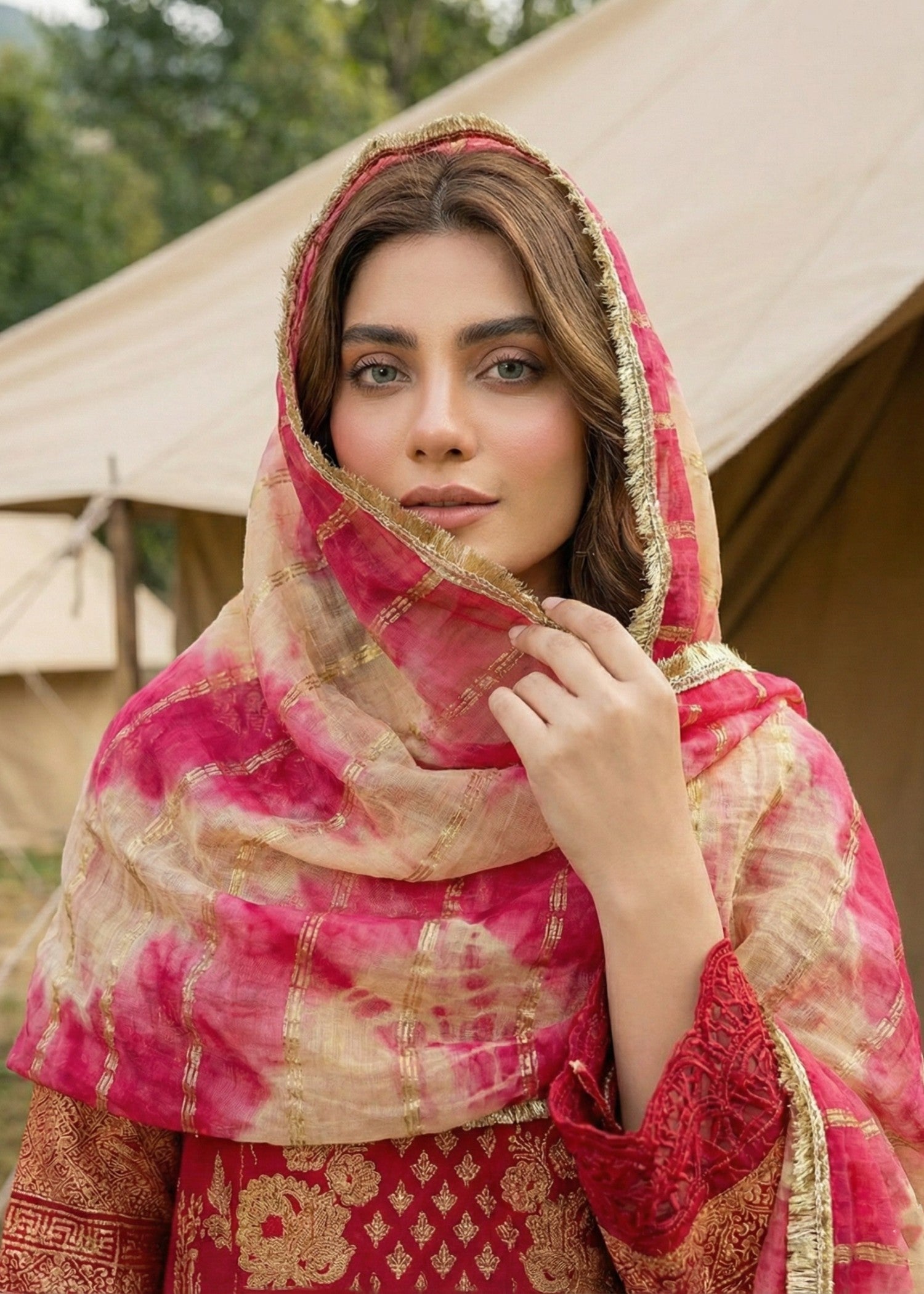 Ladies Red Jacquard Festive Salwar Kameez Online in UK USA Canada