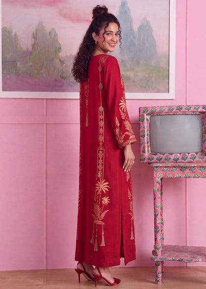 Ladies Red Linen Kaftan Pakistani Clothes Online in KSA Riyadh Saudi Arabia Oman Bahrain Qatar
