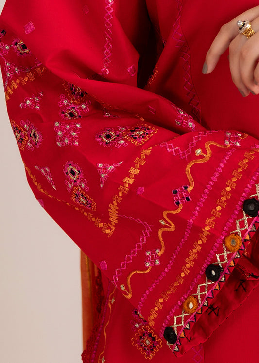 Ladies Red Mirror Work Cotton Farshi Pajama Suit Online in UK USA Canada
