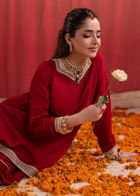 Ladies Red Raw Silk Partywear Gharara Online in UK USA Canada