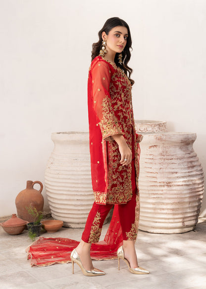 Ladies Red Tilla Work Organza Wedding Outfit Online in UK USA Canada
