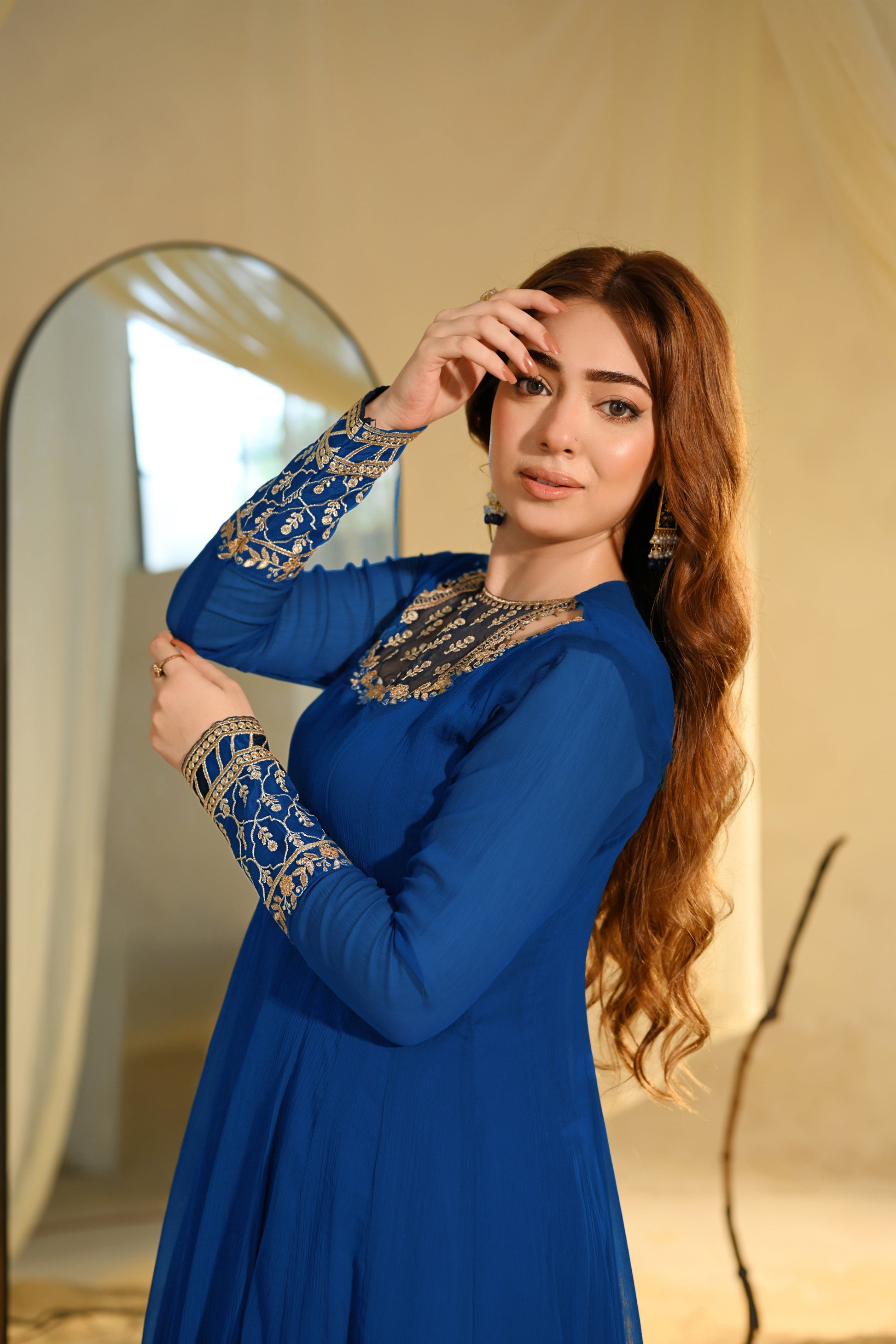 Ladies Royal Blue Embroidered Chiffon Kurta Set Online in UK USA Canada