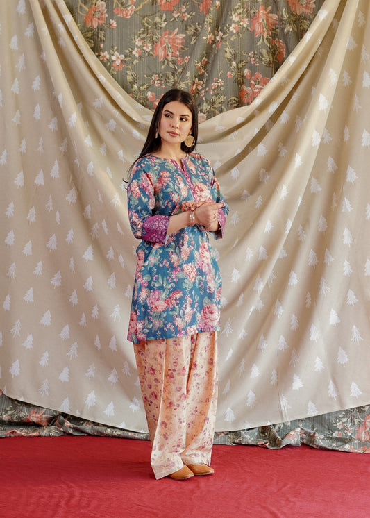 Ladies Royal Blue Printed Lawn Kurta Set Online in UK USA Canada