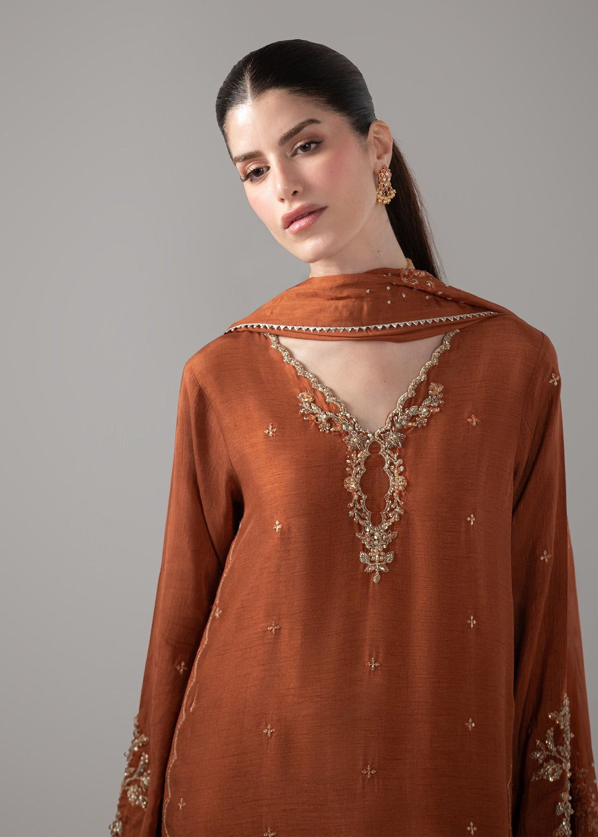 Ladies Rust Embroidered Raw Silk Shalwar Kameez Online in UK USA Canada
