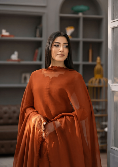 Ladies Rust Orange Chiffon Flared Maxi Suit Online in UK USA Canada