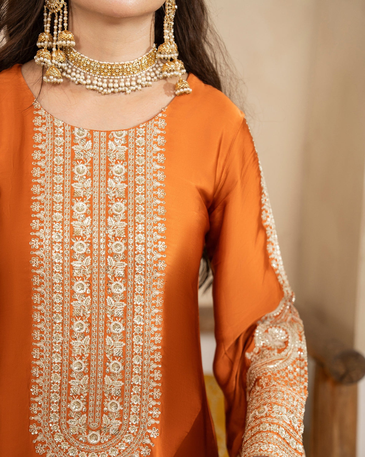 Ladies Rust Orange Crinkle Chiffon Dupatta Shalwar Kameez Online in UK USA Canada
