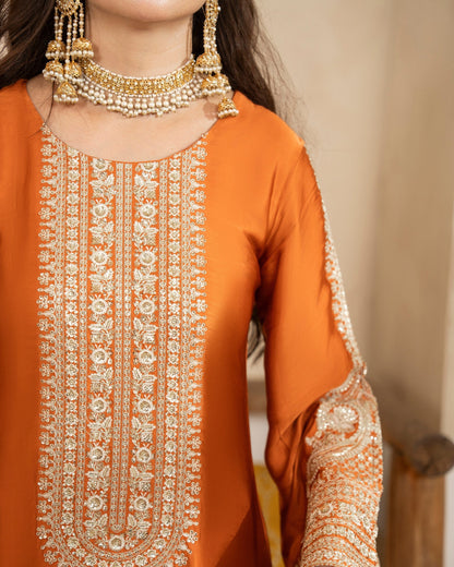 Ladies Rust Orange Crinkle Chiffon Dupatta Shalwar Kameez Online in UK USA Canada