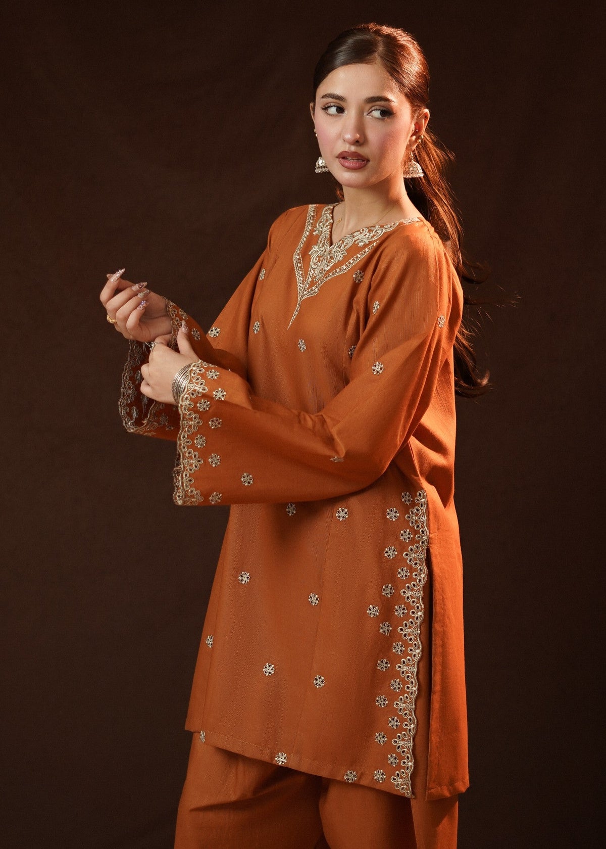 Ladies Rust Orange Embroidered Slub Khaddar Kurta Set Online in UK USA Canada