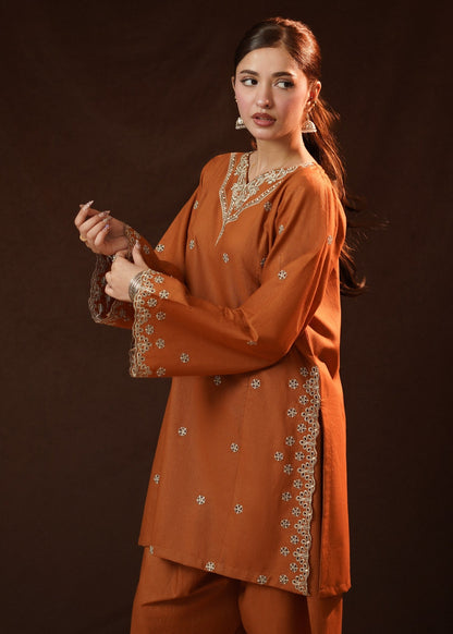 Ladies Rust Orange Embroidered Slub Khaddar Kurta Set Online in UK USA Canada