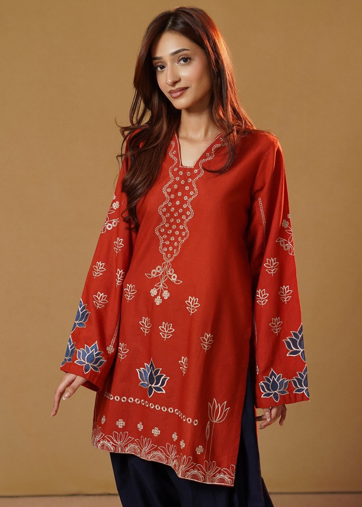 Ladies Rust Orange Khaddar Kurta Set Online in UK USA Canada