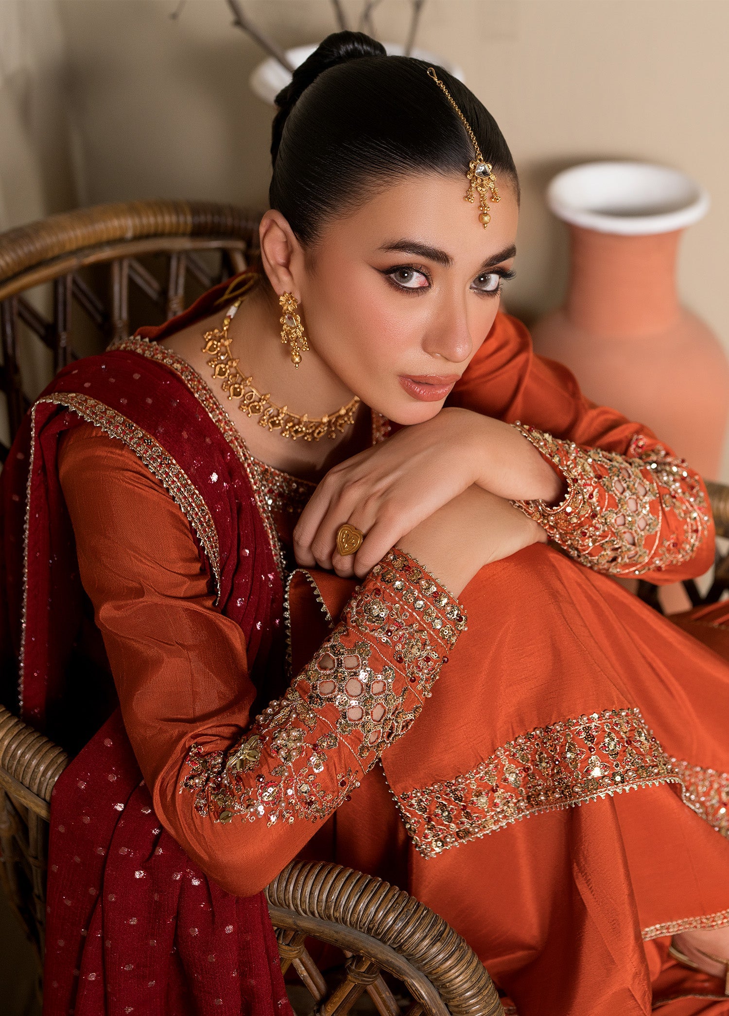 Ladies Rust Orange Raw Silk Suit with Chiffon Dupatta Online in UK USA Canada