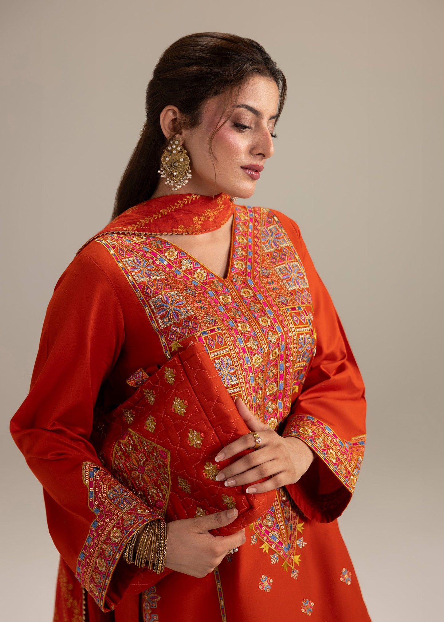 Ladies Rust Orange Zari Cotton Salwar Suit Online in UK USA Canada