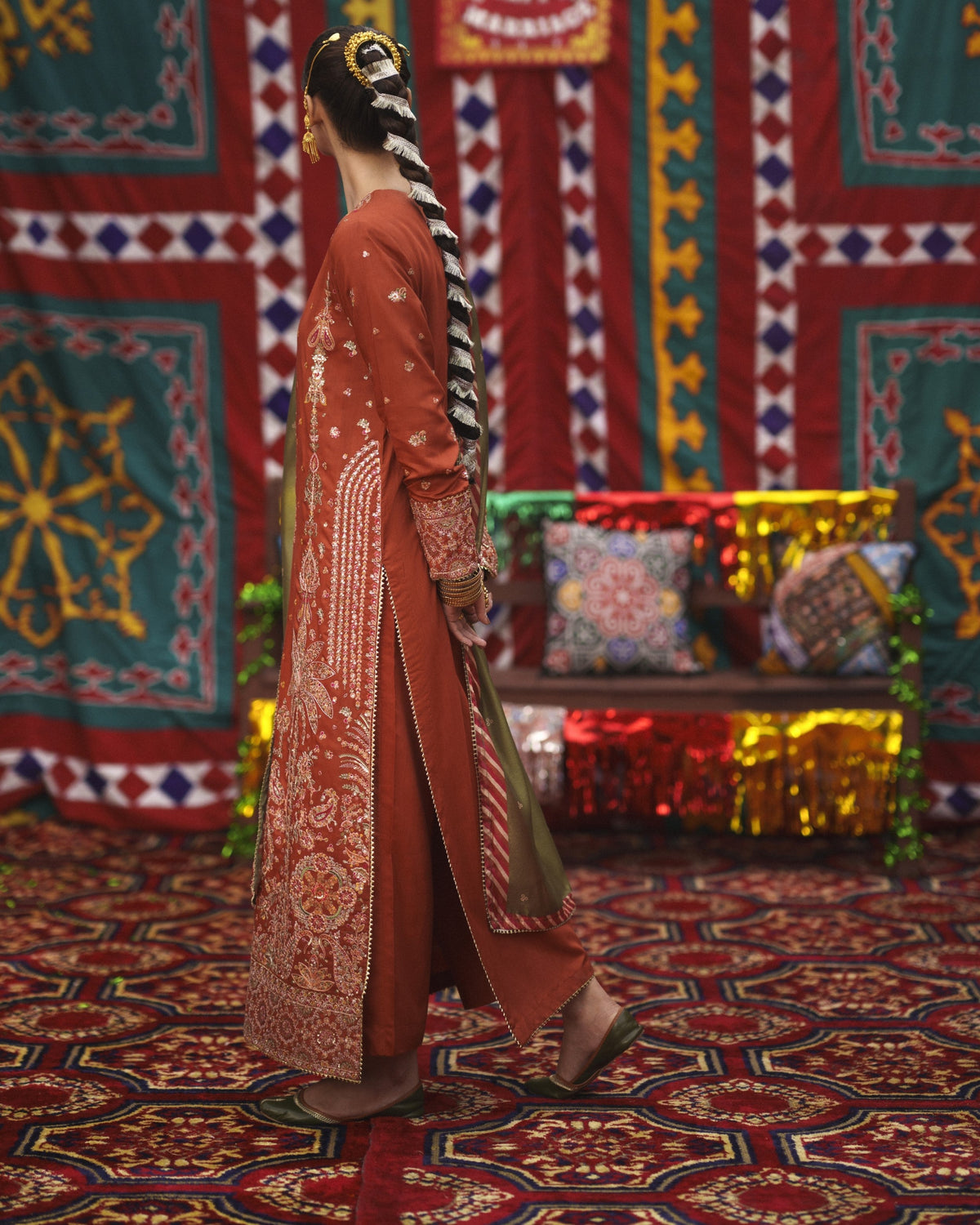 Ladies Rust Viscose Silk Embroidered Suit Online in UK USA Canada