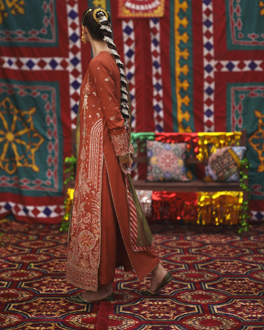 Ladies Rust Viscose Silk Embroidered Suit Online in UK USA Canada