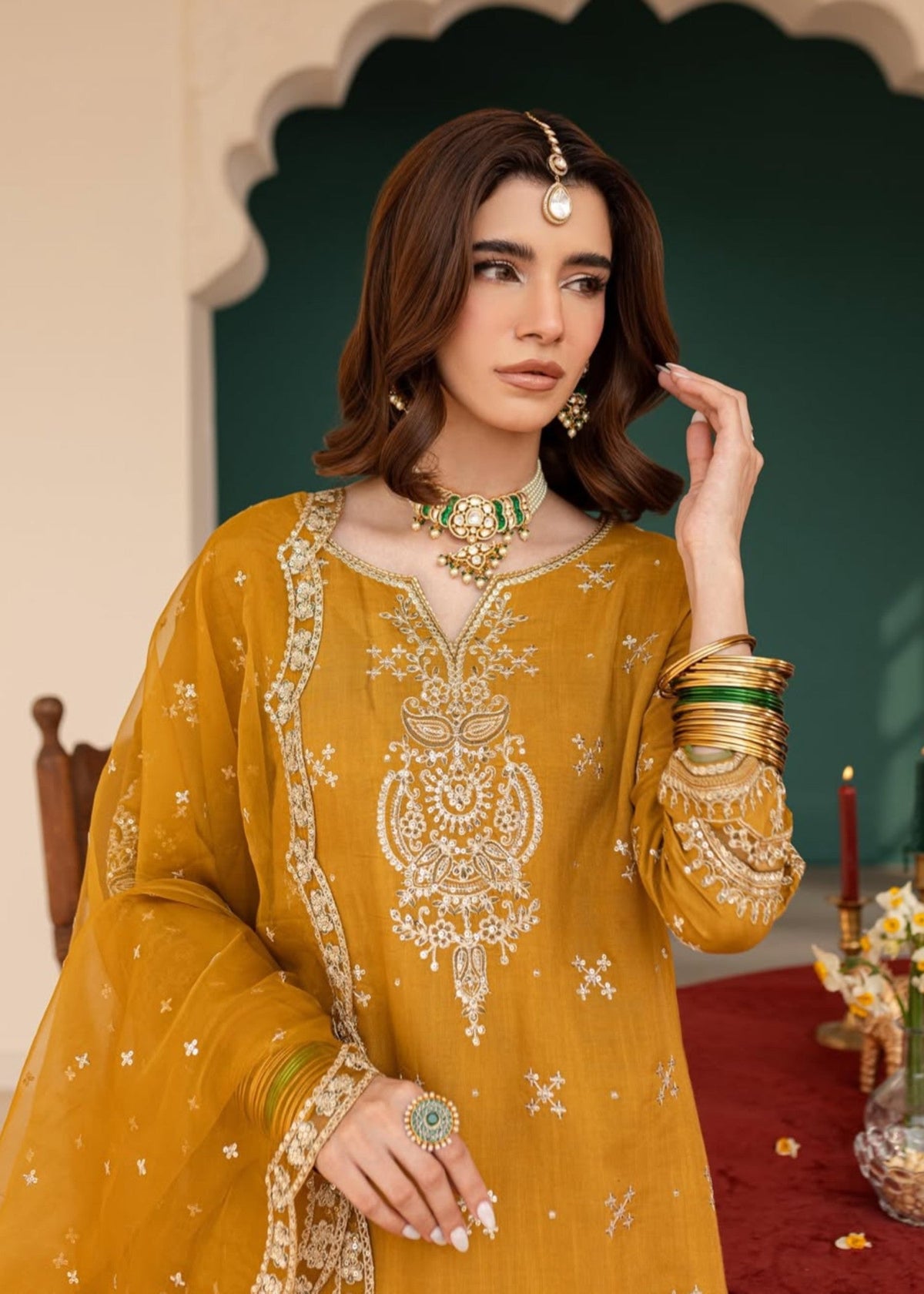 Ladies Saffron Embroidered Lawn Cotton Salwar Kameez Online in UK USA Canada