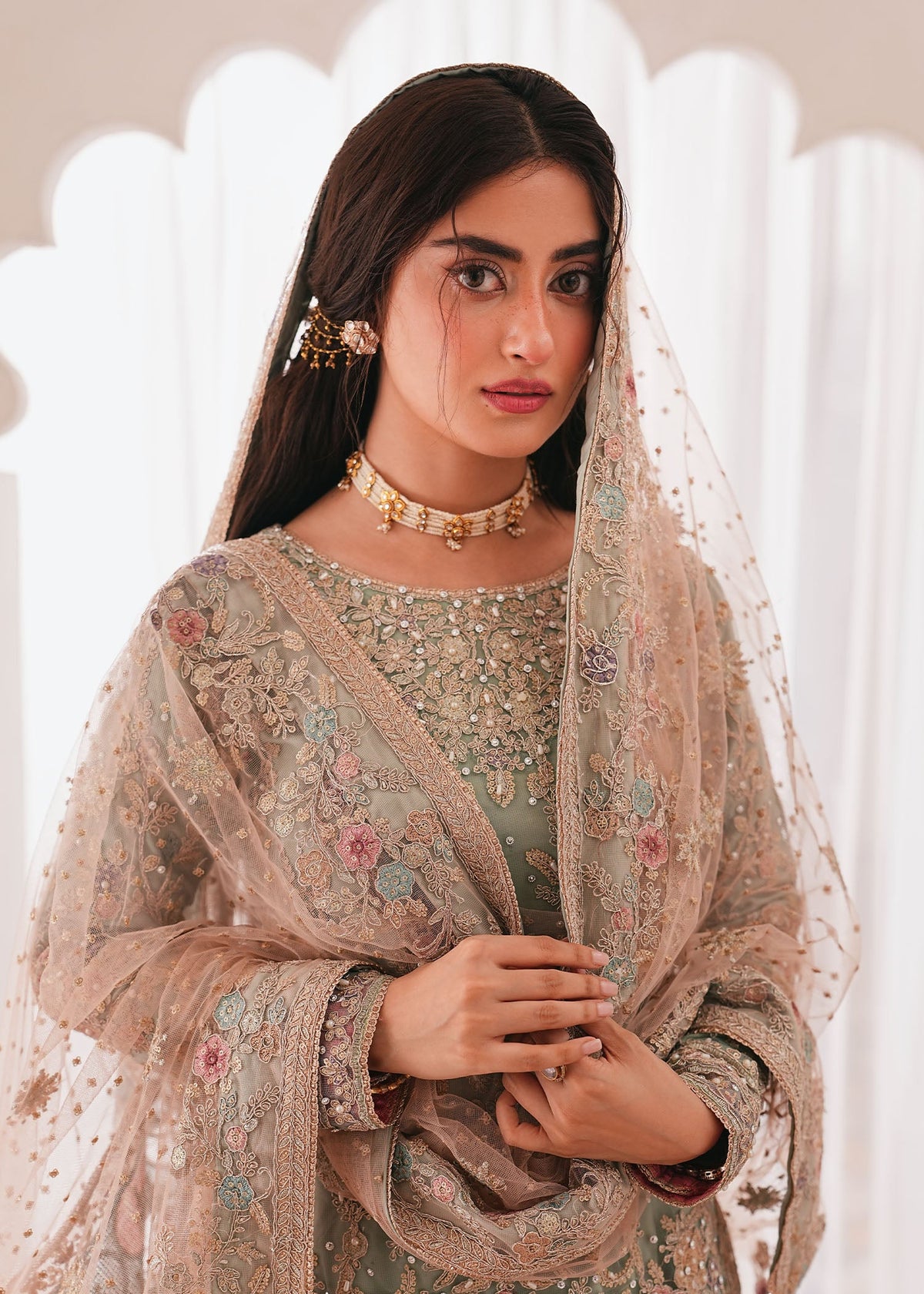 Ladies Sage Green Net Gharara Embroidered Formal Wear Online in UK USA Canada