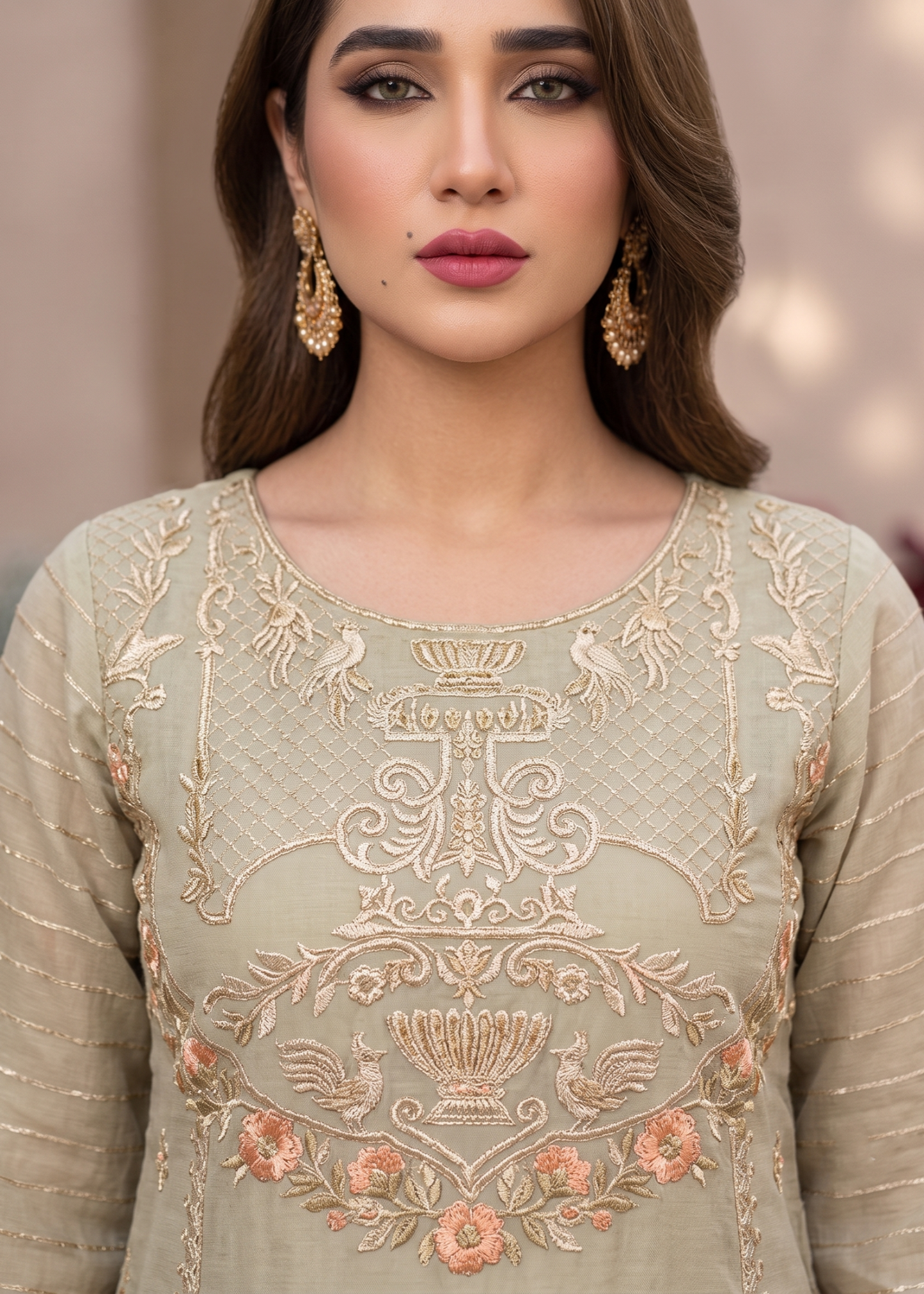 Ladies Sage Green Organza Partywear Suit Online in UK USA Canada
