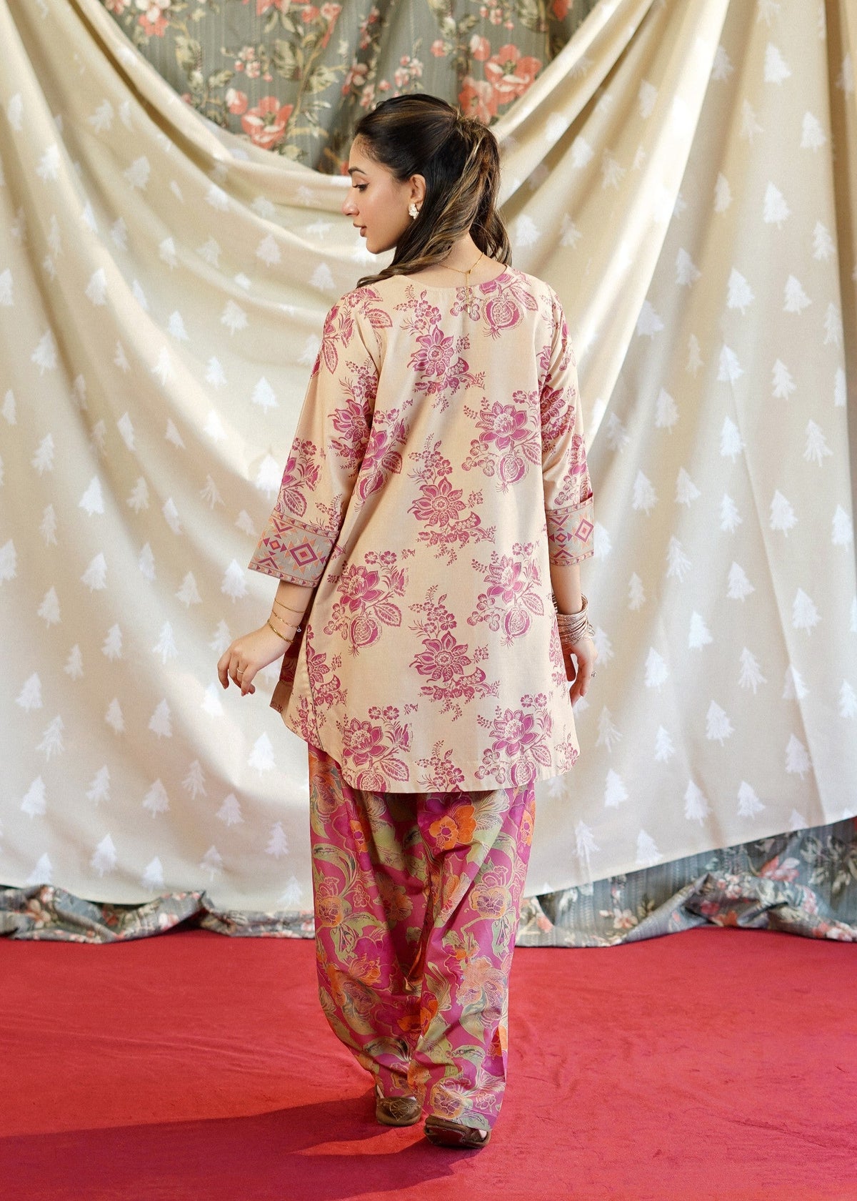 Ladies Sand Brown Printed Lawn Salwar Suit Online in KSA Riyadh Saudi Arabia Oman Bahrain Qatar