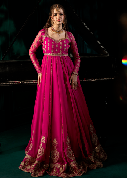 Ladies Shocking Pink Chiffon Embroidered Pishwas Set Online in UK USA Canada