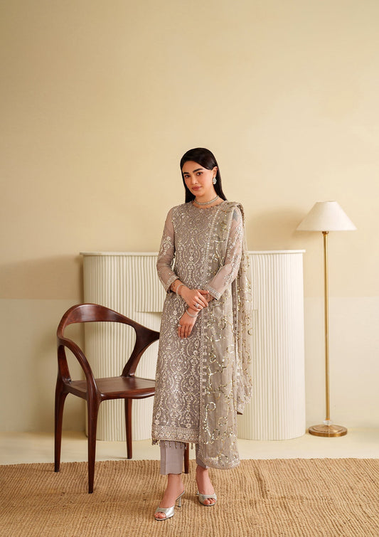 Ladies Silver Khaddi Net Embroidered Suit Online in UK USA Canada