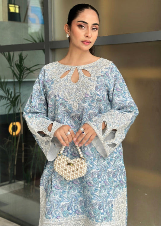 Ladies Sky Blue Embroidered Cambric Cotton Shalwar Kameez Online in UK USA Canada