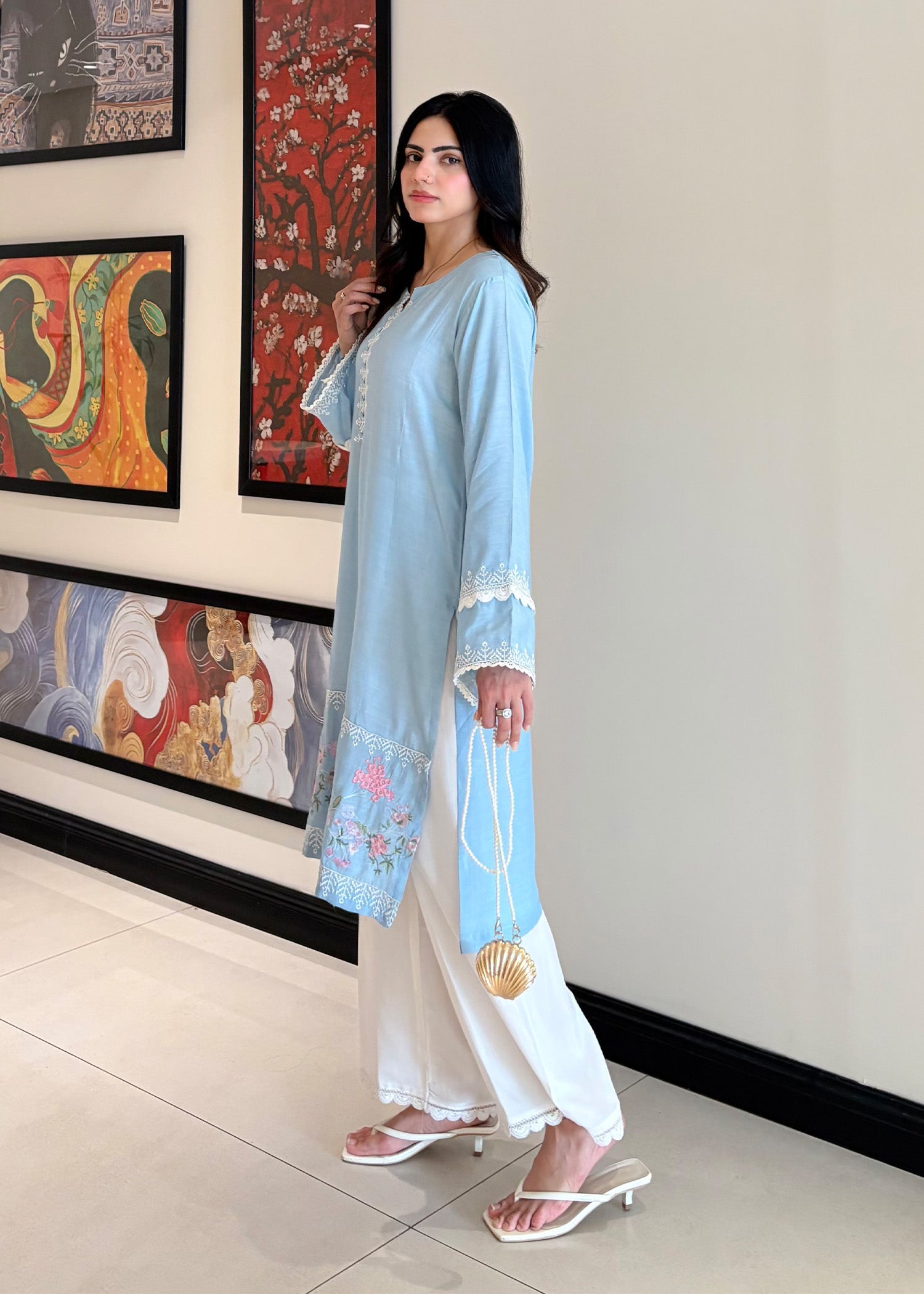 Ladies Sky Blue Embroidered Viscose Raw Silk Designer Salwar Kameez Online in Sri Lanka India Australia