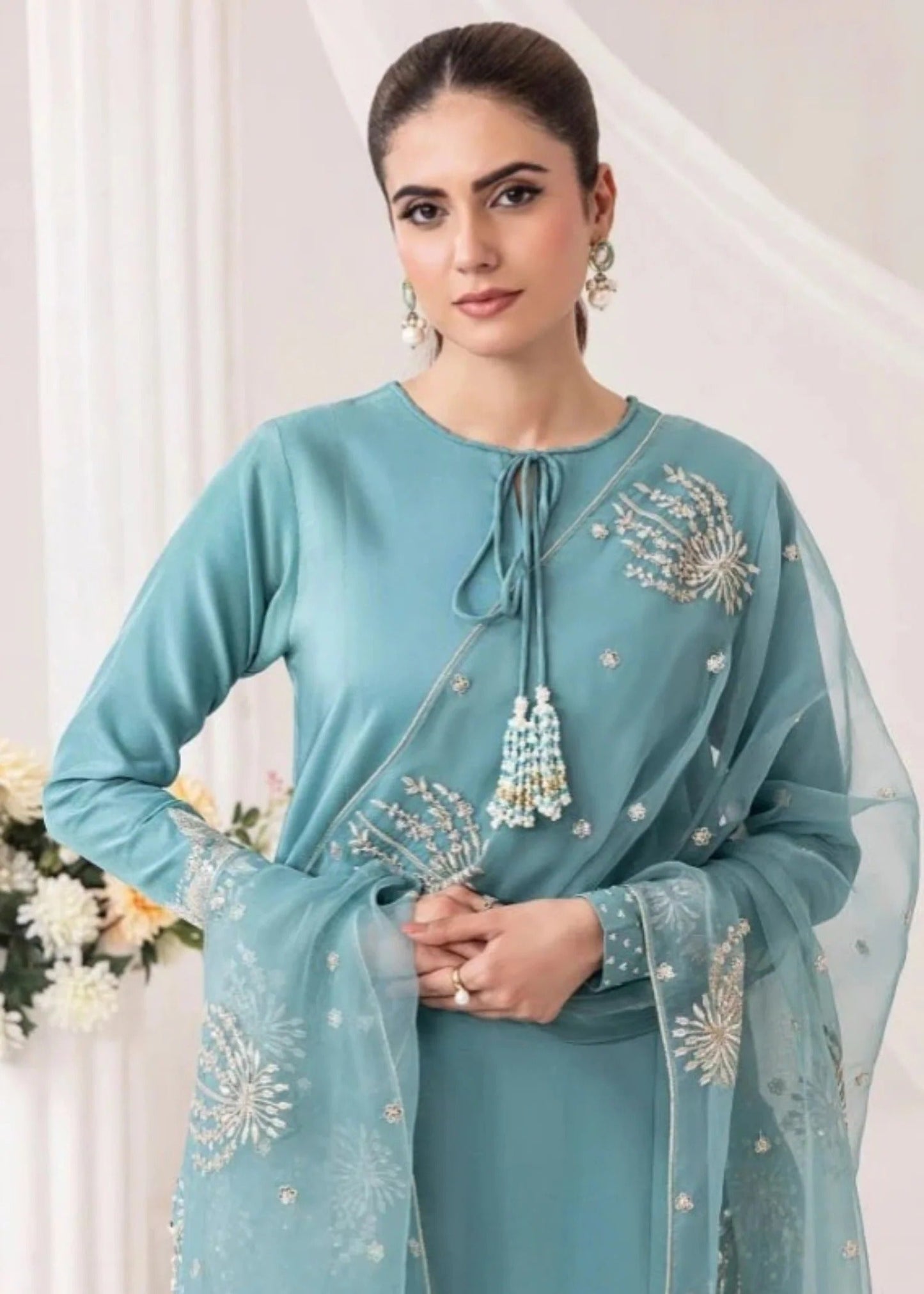 Ladies Sky Blue Khaddar Suit with Plazzo Online in UK USA Canada