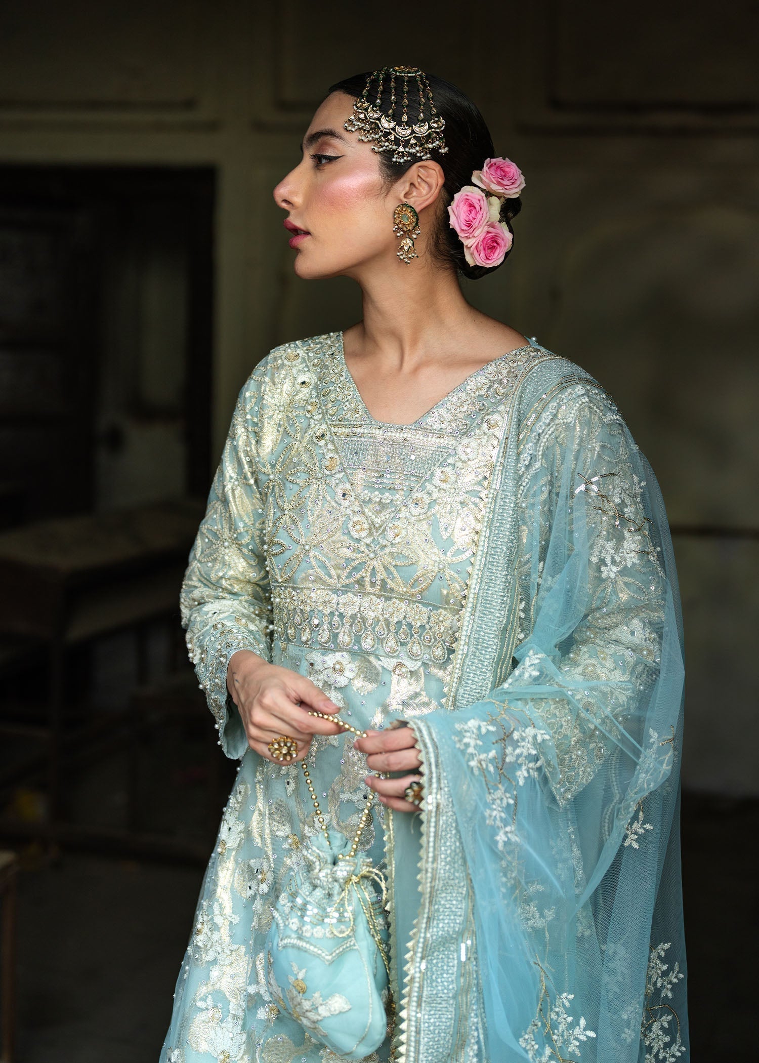 Ladies Sky Blue Net Lehenga Formal Suit Online in UK USA Canada