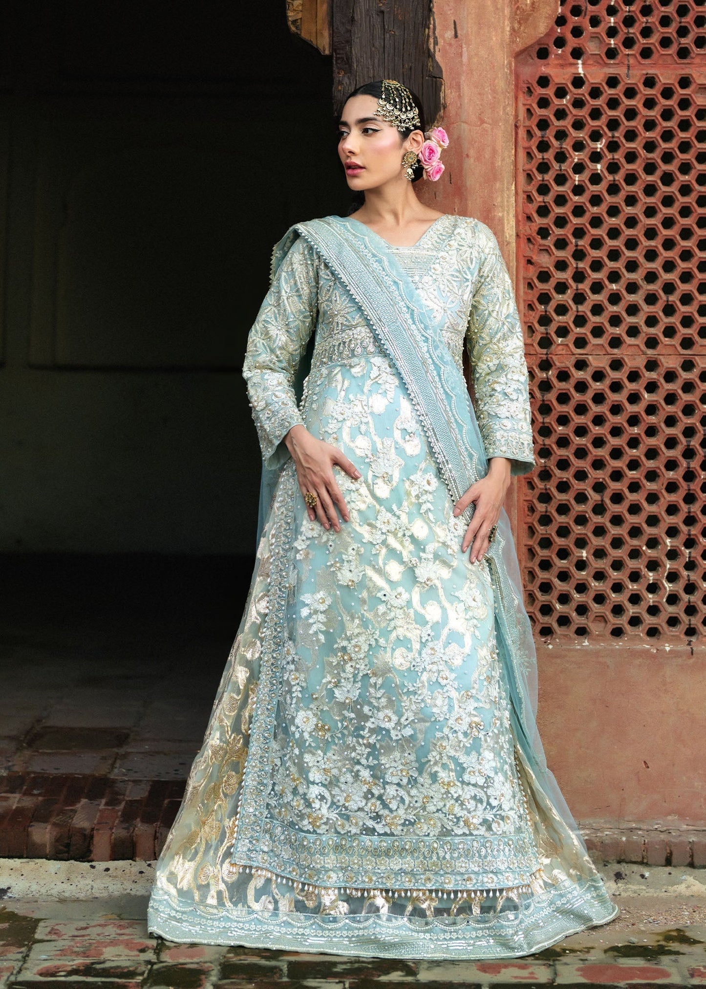 Ladies Sky Blue Net Wedding Outfit Online in UK USA Canada