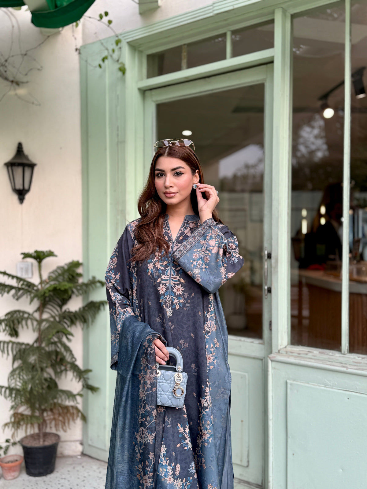 Ladies Slate Blue Lawn Designer Salwar Suit Online in UK USA Canada