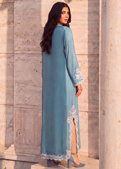 Ladies Steel Blue Linen Kaftan Online in KSA Riyadh Saudi Arabia Oman Bahrain Qatar