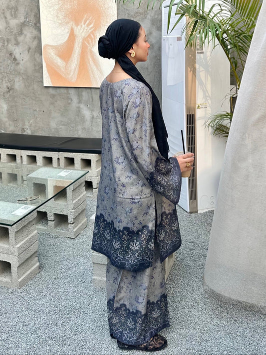Ladies Steel Blue Viscose Raw Silk Winter Wear Co Ord Set Online in UK USA Canada