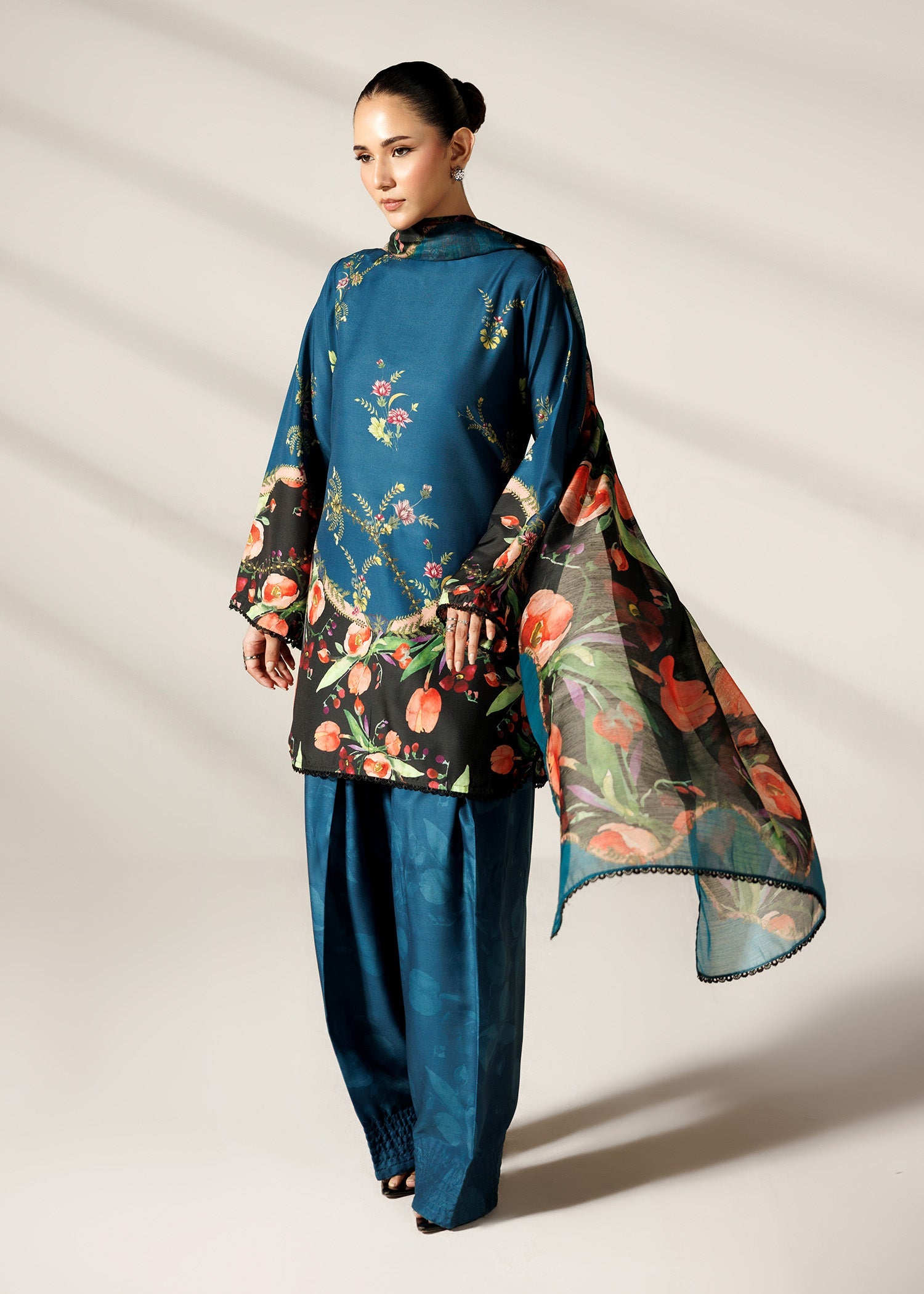 Ladies Steel Teal Printed Farshi Shalwar Suit Online in Dubai DXB UAE Abudhabi Meena Bazaar